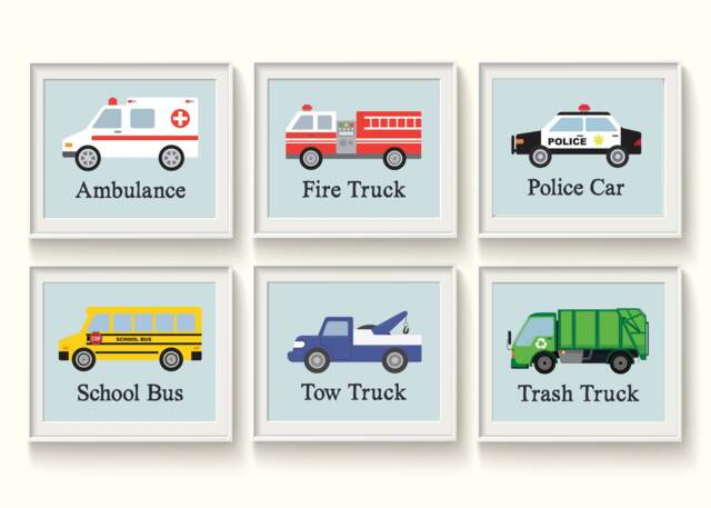 Trucks & Cars Boy Nursery Wall Art Prints Decor Qty 4 Unframed Bedroom Emergency Vehicles Fire Truck Police School Bus Tow Trash Gift - image 1