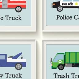 Trucks & Cars Boy Nursery Wall Art Prints Decor Qty 4 Unframed Bedroom Emergency Vehicles Fire Truck Police School Bus Tow Trash Gift - thumbnail 2