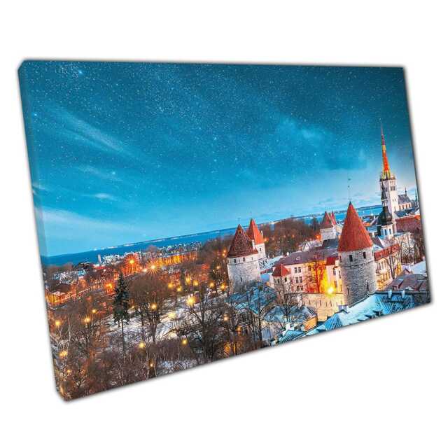 starry Night Cityscape Canvas Tallinn Old Town Castle Estonia Landscape Wall Art Decor Print - image 1