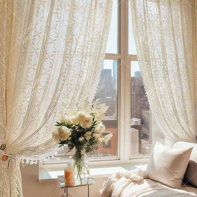 Boho Crochet Window Curtain Elegant Clover Pattern Sheer Drapes With Tassels - image 1