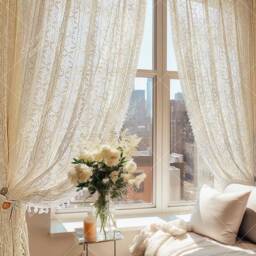 Boho Crochet Window Curtain Elegant Clover Pattern Sheer Drapes With Tassels - thumbnail 1