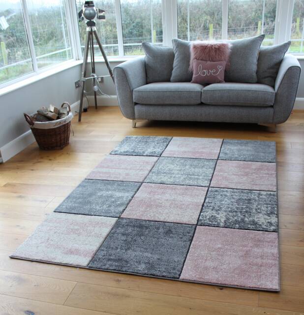 New Blush Pink Silver Grey Cream Rugs Small Large Mats Modern Blocks Design UK