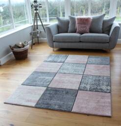 New Blush Pink Silver Grey Cream Rugs Small Large Mats Modern Blocks Design UK