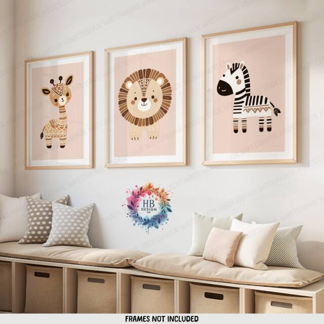 Safari Animal Nursery Posters - Boho Set Of 3 Prints - Kids Playroom Cute Designs Neutral Coloured Wall Art Baby Bedroom Decor - image 1