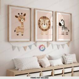 Safari Animal Nursery Posters - Boho Set Of 3 Prints - Kids Playroom Cute Designs Neutral Coloured Wall Art Baby Bedroom Decor - thumbnail 2