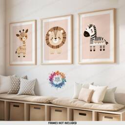 Safari Animal Nursery Posters - Boho Set Of 3 Prints - Kids Playroom Cute Designs Neutral Coloured Wall Art Baby Bedroom Decor - thumbnail 1