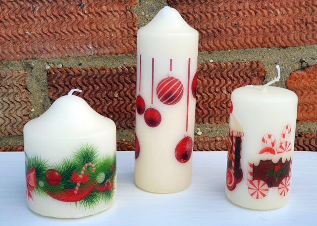 Set Of 3 Christmas Candles, Gingerbread Train, Baubles & Wreath Ring With Bow - image 1
