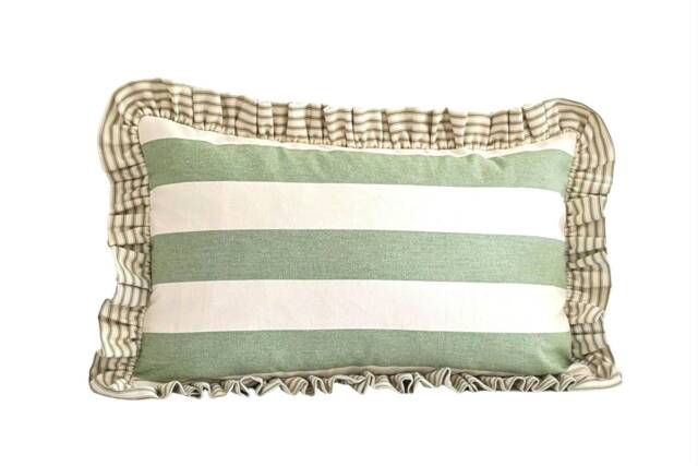 Sage Green Striped Lumbar Pillow Cover Handmade Ruffle Cushion UK - image 1