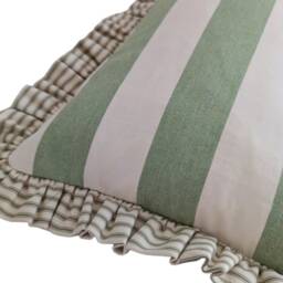 Sage Green Striped Lumbar Pillow Cover Handmade Ruffle Cushion UK - thumbnail 3