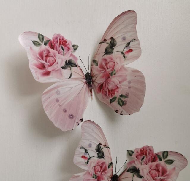 Shabby Chic Pink Rose Butterfly Wall Decals 3D Home Decor, Set Of 4 - image 1