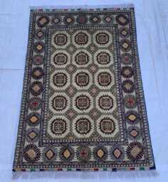 Handmade Ahal Gul Wool Rug Authentic Turkmen Tribal Carpet - 4.6x3.1 Ft - thumbnail 1