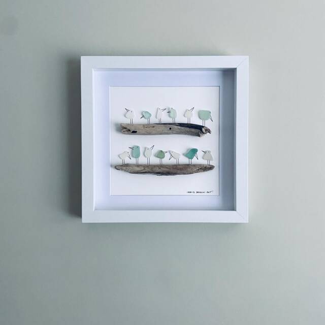 Cornish Sea Glass Birds On Driftwood Picture Framed Coastal Wall Art Unique Quirky Artwork Handmade in Cornwall - image 1