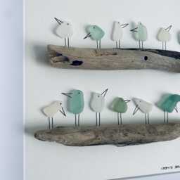 Cornish Sea Glass Birds On Driftwood Picture Framed Coastal Wall Art Unique Quirky Artwork Handmade in Cornwall - thumbnail 4