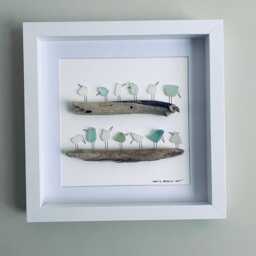 Cornish Sea Glass Birds On Driftwood Picture Framed Coastal Wall Art Unique Quirky Artwork Handmade in Cornwall - thumbnail 3