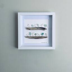 Cornish Sea Glass Birds On Driftwood Picture Framed Coastal Wall Art Unique Quirky Artwork Handmade in Cornwall