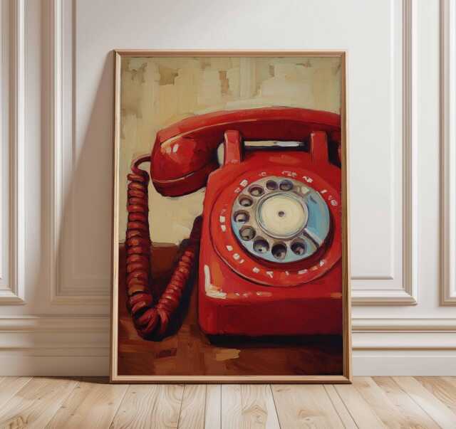 Vintage Red Telephone Art Print - Retro Wall Pop Style Poster Classic Phone Painting Mid Century Modern Home Decor - image 1