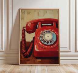 Vintage Red Telephone Art Print - Retro Wall Pop Style Poster Classic Phone Painting Mid Century Modern Home Decor - thumbnail 1