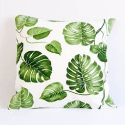 Monstera Pillow Cover, Plant Print Cushion Botanical Case, Green & White Throw Leaf Cover - thumbnail 1