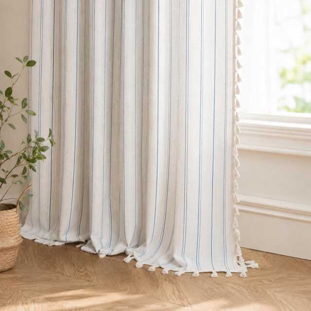 Modern Striped Curtains With Tassels, Rod Pocket Semi Blackout Drapes, Minimalist Farmhouse - image 1