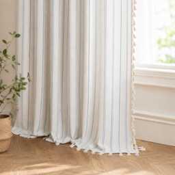 Modern Striped Curtains With Tassels, Rod Pocket Semi Blackout Drapes, Minimalist Farmhouse
