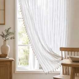 Modern Striped Curtains With Tassels, Rod Pocket Semi Blackout Drapes, Minimalist Farmhouse - thumbnail 3