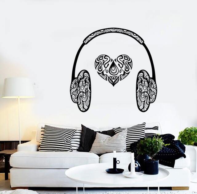 Wall Vinyl Music Hearts Headphones Head Phones Guaranteed Quality Decal Mural Art 1565Dz - image 1