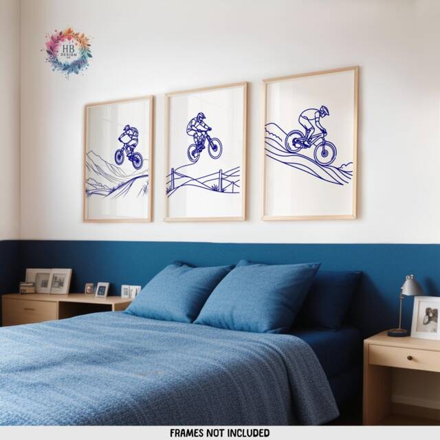 Navy Mountain Biking Prints - Set Of 3 Posters - Biker Wall Art Line Drawing Bike Decor Cycling Artwork Boys Cyclist Bedroom Gifts A4 - image 1