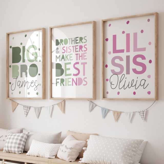 Set Of 3 Personalised Brother Sister Prints, Big Bro Lil Sis, Sibling Playroom, Wall Art, Shared Bedroom, Kids Room - image 1