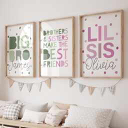 Set Of 3 Personalised Brother Sister Prints, Big Bro Lil Sis, Sibling Playroom, Wall Art, Shared Bedroom, Kids Room - thumbnail 1