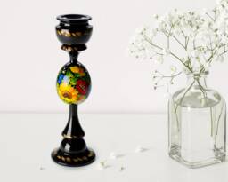 Ukrainian Hand Painted Tall Candlestick Holder, Wooden Black Candle Handmade Table Home Decor, Petrykivka Gift Ukraine Shop, S221 - thumbnail 1