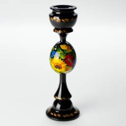 Ukrainian Hand Painted Tall Candlestick Holder, Wooden Black Candle Handmade Table Home Decor, Petrykivka Gift Ukraine Shop, S221 - thumbnail 3