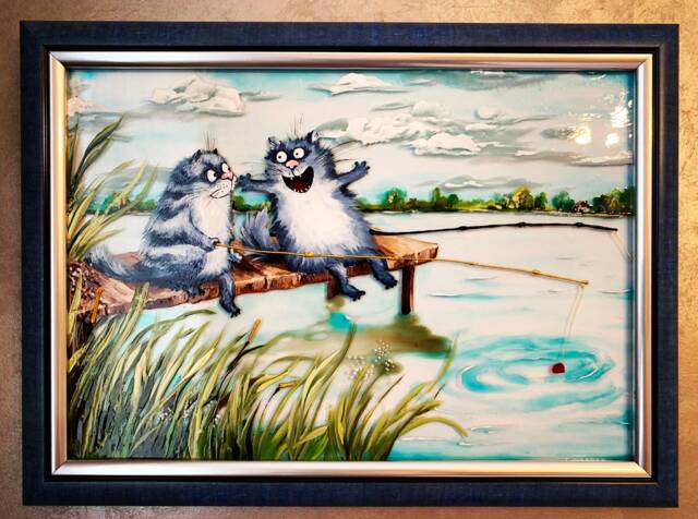 Fishing Cat Glass Painting Cat Art Framed Wall Art Gift For Lovers Funny Fisherman Ukrainian - image 1