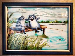 Fishing Cat Glass Painting Cat Art Framed Wall Art Gift For Lovers Funny Fisherman Ukrainian - thumbnail 1
