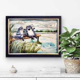 Fishing Cat Glass Painting Cat Art Framed Wall Art Gift For Lovers Funny Fisherman Ukrainian - thumbnail 3