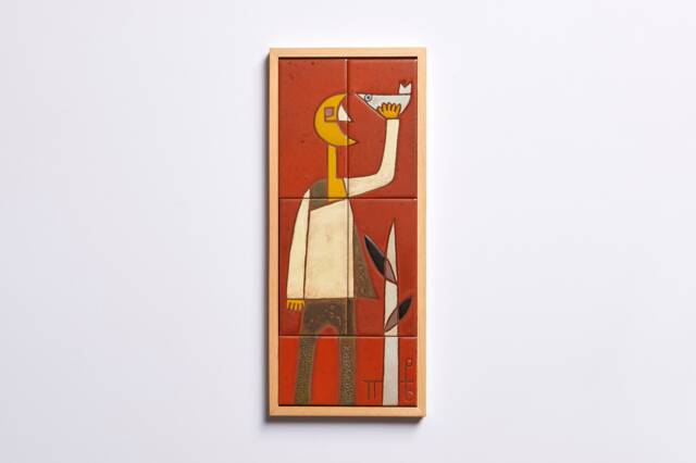 The Moon Painted Figure Art Tile Mural Pottery Handmade Orange Wall Decor Original Artwork Minimalist Earth Tone - image 1