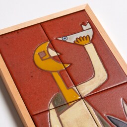 The Moon Painted Figure Art Tile Mural Pottery Handmade Orange Wall Decor Original Artwork Minimalist Earth Tone - thumbnail 3