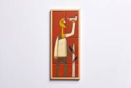 Moon Man Pottery Tile Mural, Handmade Orange Wall Decor