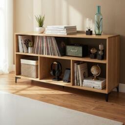 Solid Oak Tv Stand - Vinyl Record Storage Cabinet Industrial Media Console Sideboard Hardwood End Table With Shelves Rustic Furniture