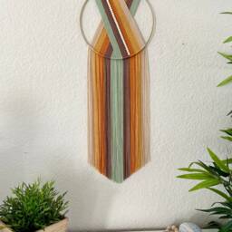 Orange Retro Yarn Hoop Wall Hanging, Beaded Macrame Art, Textile Yellow Rainbow, Handmade Hangings - thumbnail 4