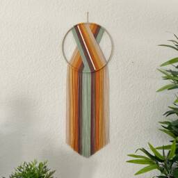 Orange Retro Yarn Hoop Wall Hanging, Beaded Macrame Art, Textile Yellow Rainbow, Handmade Hangings