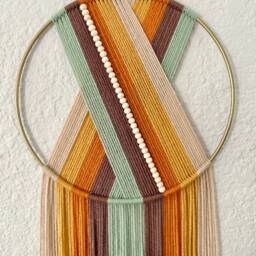 Orange Retro Yarn Hoop Wall Hanging, Beaded Macrame Art, Textile Yellow Rainbow, Handmade Hangings - thumbnail 2