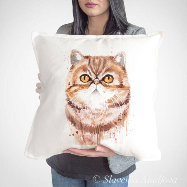 Exotic Shorthair Throw Pillow Cover By Slaveika Aladjova, Cushion Cover, Decorative Pillow Cover, Animal Art, Watercolor Pillow, Christmas - image 1