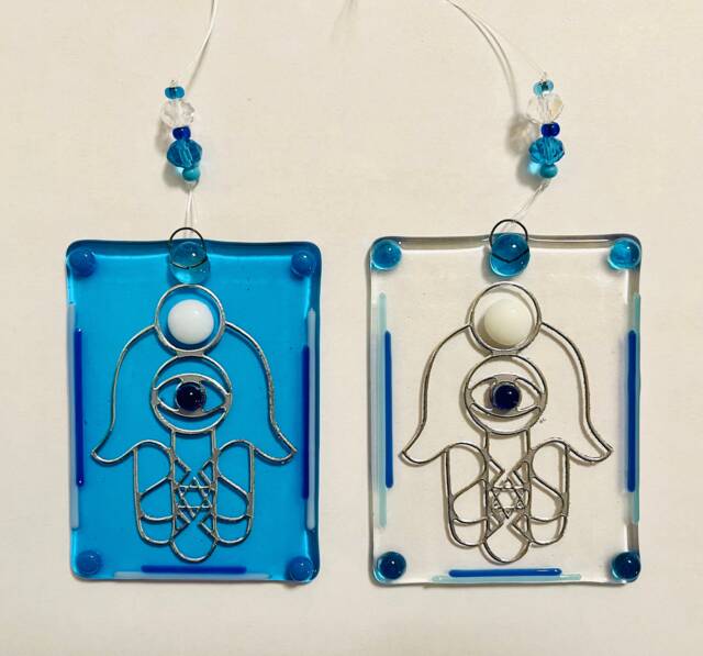 Glass Hamsa Suncatcher, Star Of David, Turquoise Silver Jewish Wall Decor - image 1