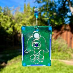 Glass Hamsa Suncatcher, Star Of David, Turquoise Silver Jewish Wall Decor - thumbnail 3