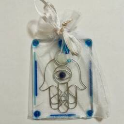 Glass Hamsa Suncatcher, Star Of David, Turquoise Silver Jewish Wall Decor - thumbnail 4