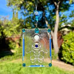 Glass Hamsa Suncatcher, Star Of David, Turquoise Silver Jewish Wall Decor - thumbnail 2