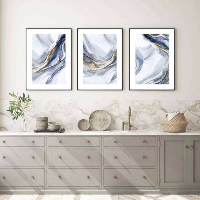 Set Of 3 Blue & Gold Prints, Detail Abstract Wall Art, Home Decor Poster Lounge, Art Set, Living Room Kitchen Hallway - image 1