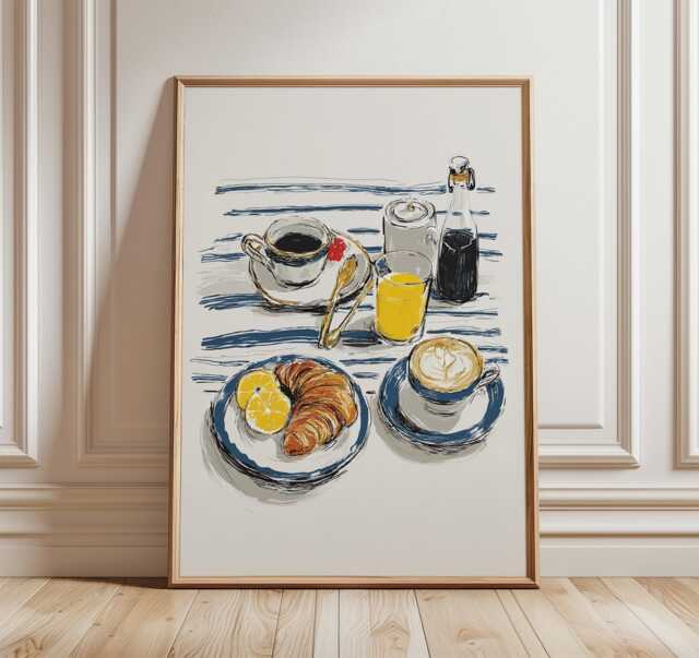 Breakfast Wall Art, Croissant & Coffee Poster, French Caf?? Kitchen Print, Modern Minimalist Food Illustration For Home Decor - image 1