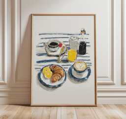 Breakfast Wall Art, Croissant & Coffee Poster, French Caf?? Kitchen Print, Modern Minimalist Food Illustration For Home Decor - thumbnail 1