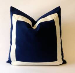Navy Blue Velvet Pillow Cover With Grosgrain Trim , Cushion Cover, All Sizes - thumbnail 1